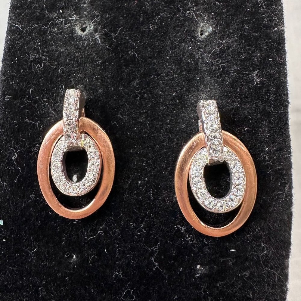Two Tone Silver and Copper Double Ring Earrings with Crystals